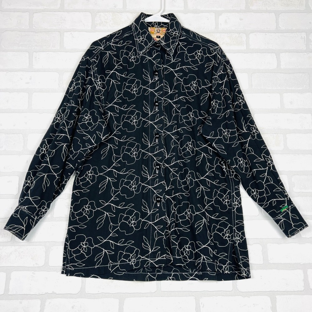 Bis Bis California Black Floral Embroidered‎ Long Sleeve Button Down Shirt